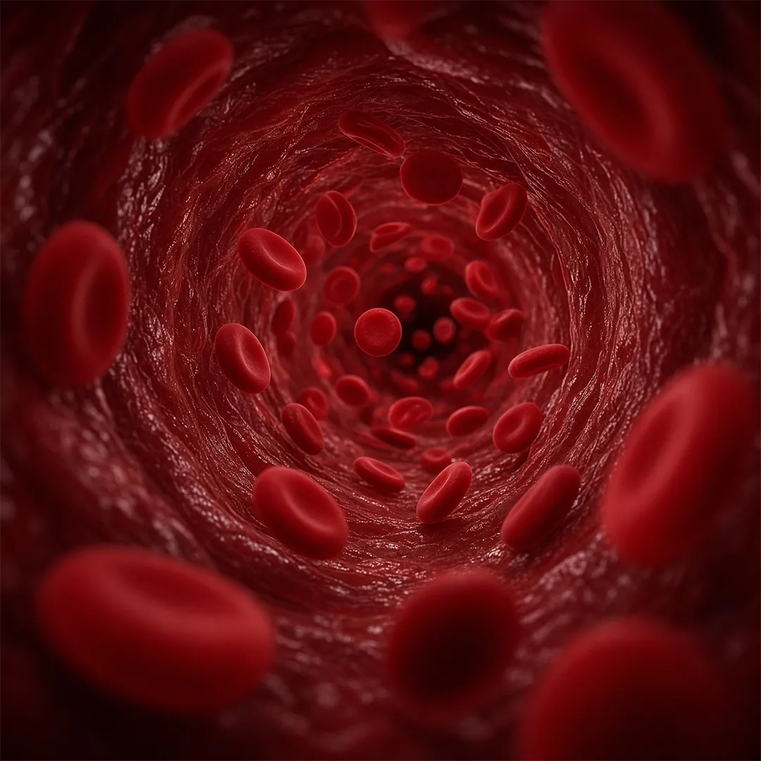Red blood cells moving through a blood vessel