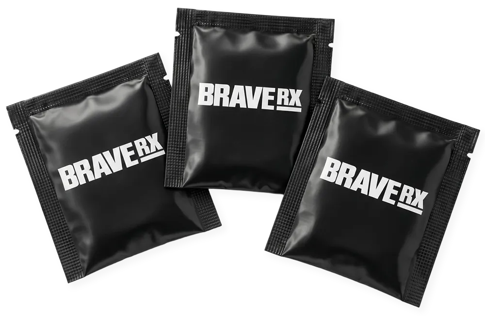 A BraveRX pouch with a single-dose sachet